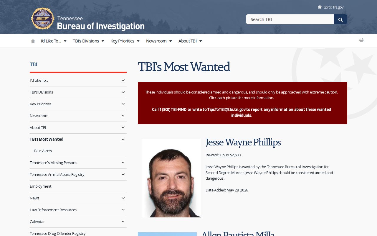 Grundy County warrant lookup, Tennessee TBI Top 10 Most Wanted source